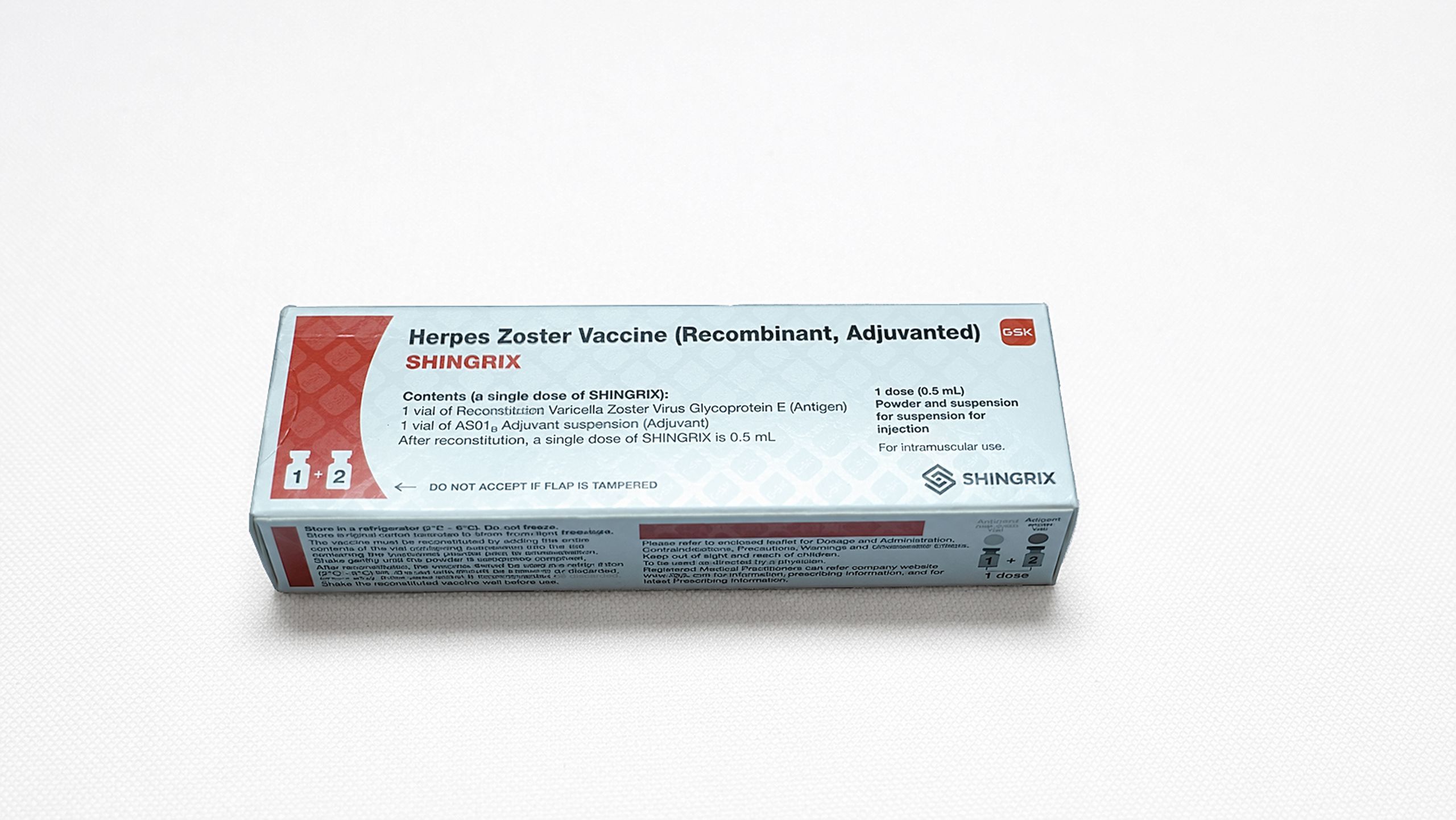 Box of SHINGRIX recombinant adjuvanted herpes zoster vaccine by GSK